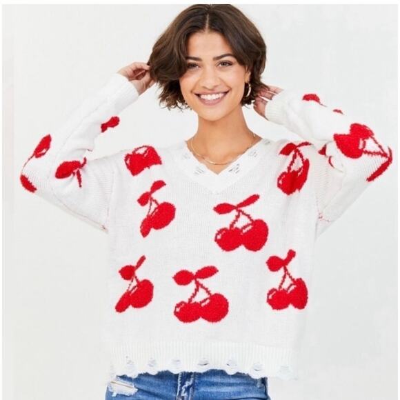 Altar'd State Sweaters - Altard State Women’s Cherry Novelty Print V Neck Sweater Size M Cozy